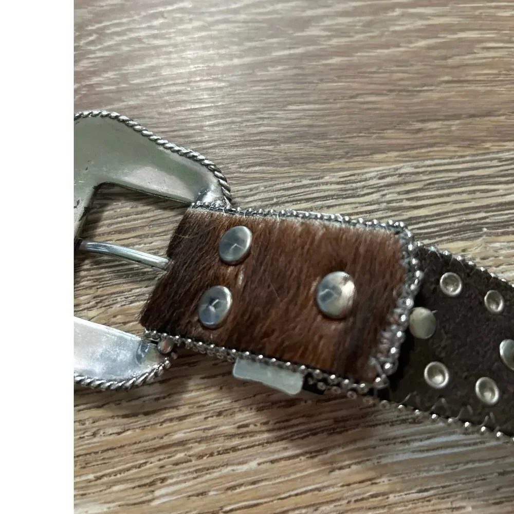 Nocona Western Studded Rhinestone Calf Hair Leather Belt Cowgirl Rodeo FestivalM - Picture 7 of 10